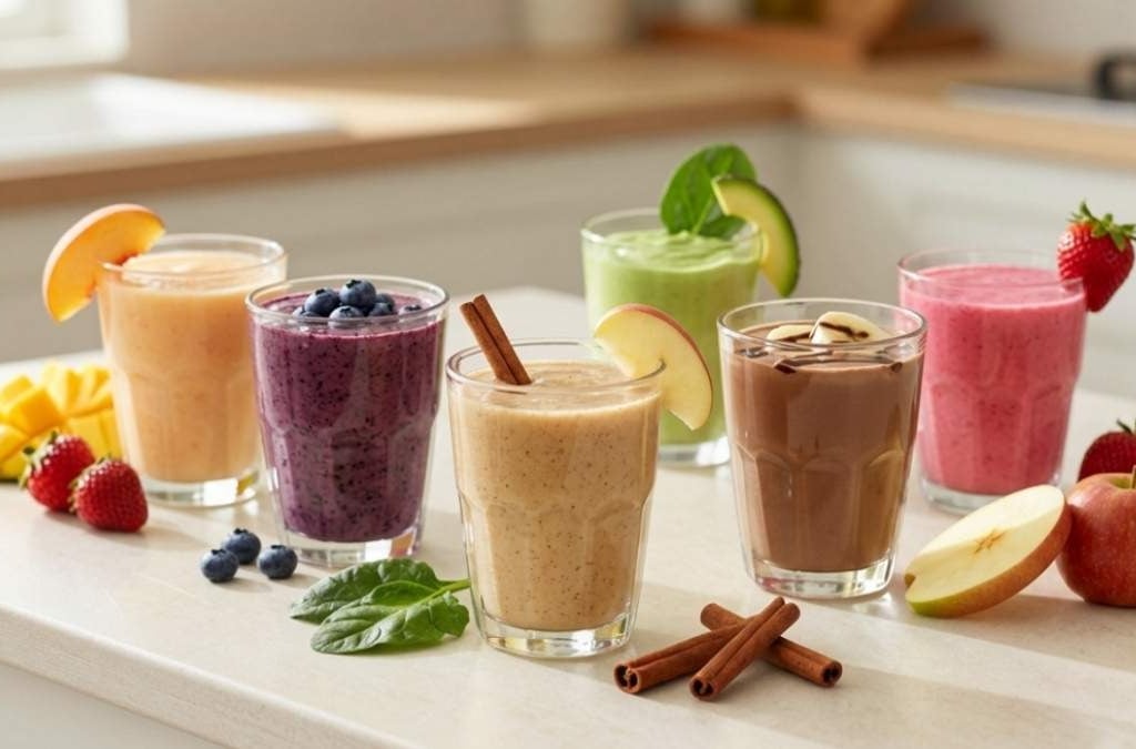 A colorful variety of healthy fruit smoothies in glasses on a kitchen counter with fresh ingredients.