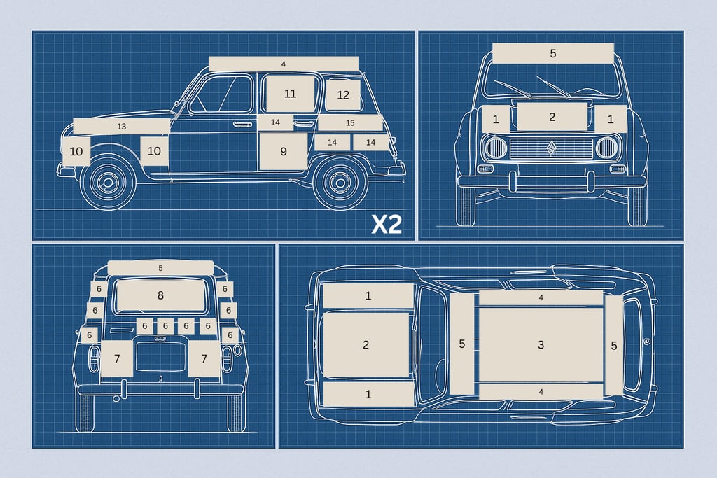 a blueprinted image of a car with sections for customers to see where can their logo be