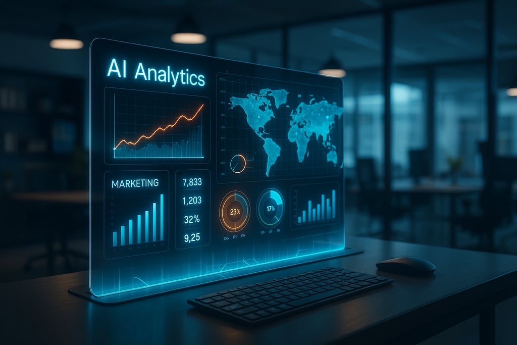 Futuristic digital dashboard displaying AI analytics, global marketing data, and technology performa