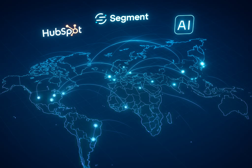 Glowing world map with digital data flow markers representing global martech adoption trends in 2025