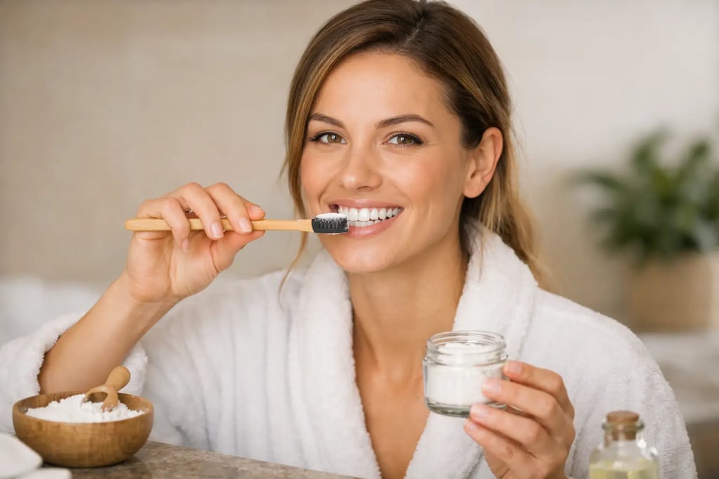 A smiling woman in a white bathrobe uses a bamboo toothbrush and natural tooth powder for dental care.