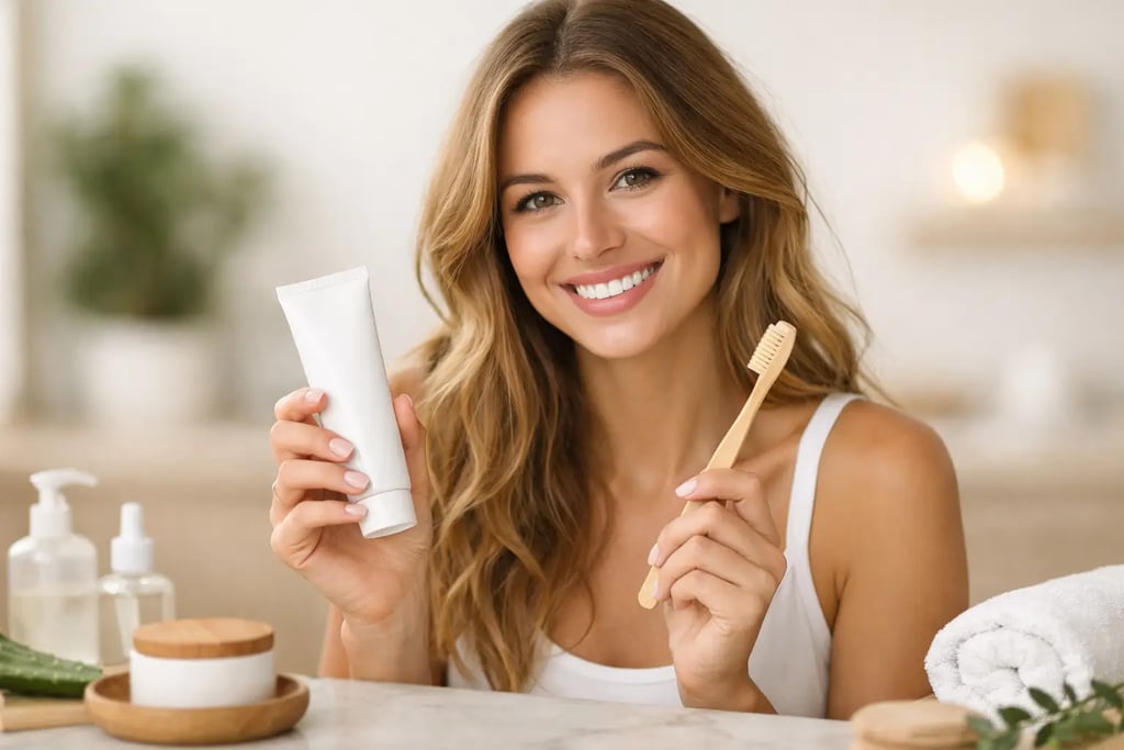 Mujer sonriente sosteniendo un cepillo de dientes de bambú y un tubo de pasta de dientes