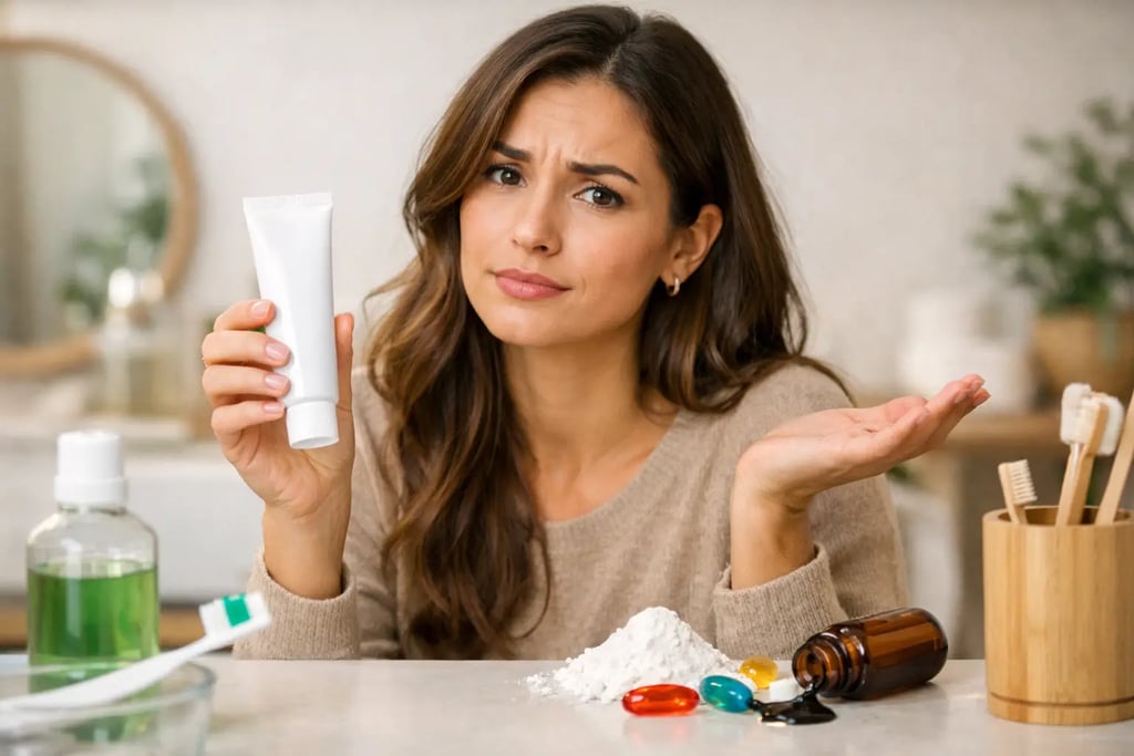 Una mujer confundida sostiene un tubo de crema blanca junto a pastillas derramadas y cepillos de die