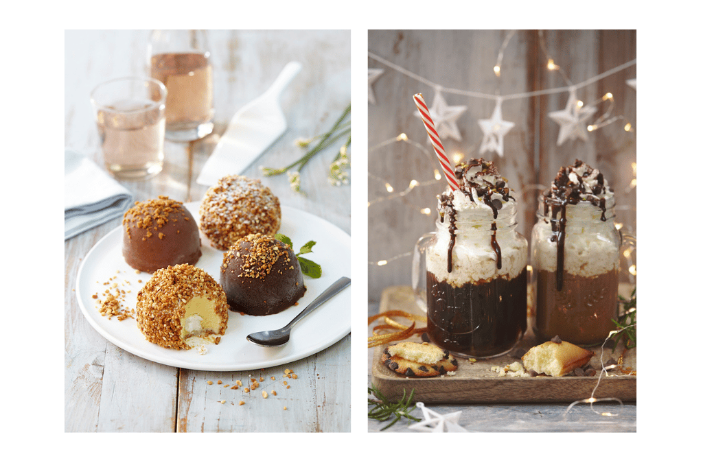 photo de dôme au chocolat glacés et mug jare chcolat dégoulinant et chantilly