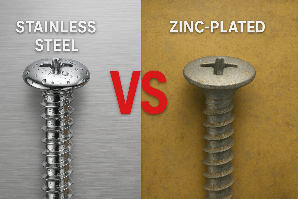 Side by side comparison of stainless steel vs zinc-plated screws