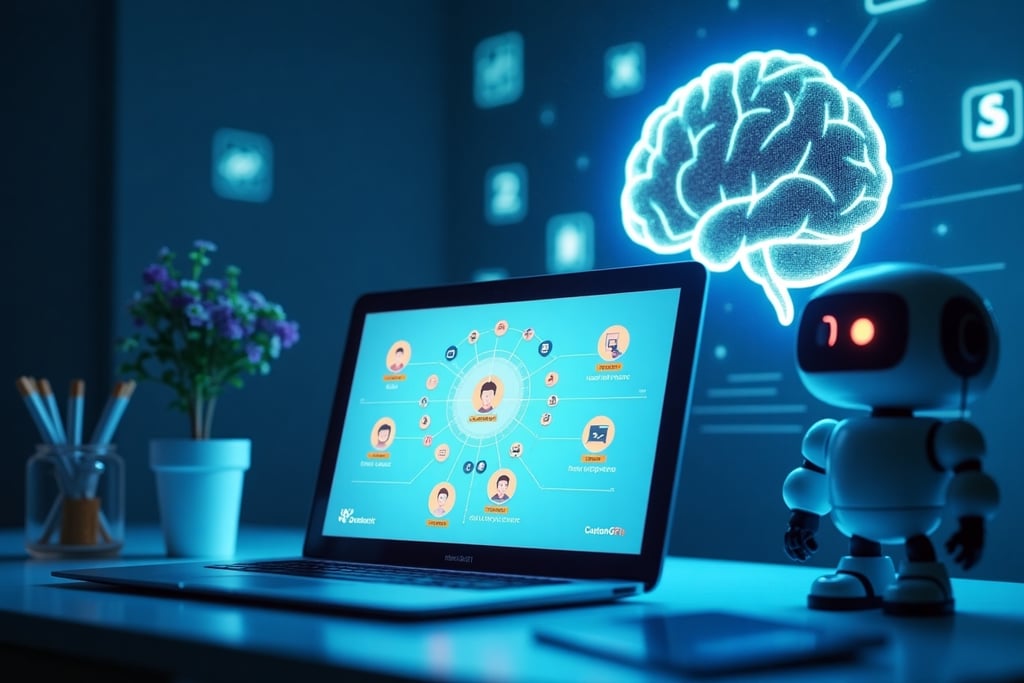 a robot with a brain map of the brain and a laptop