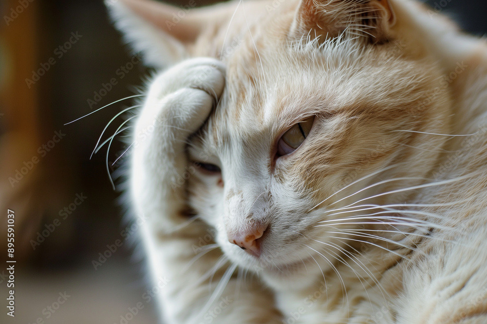 cat holding a paw on its forhead