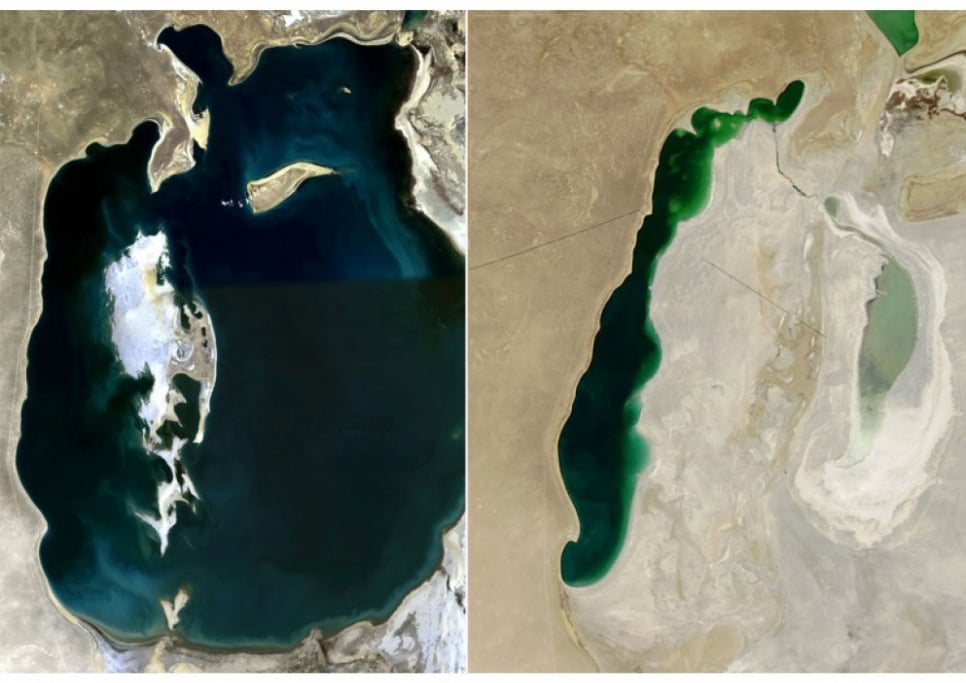 Satellite images of the Aral Sea drying up between 1989 and 2013