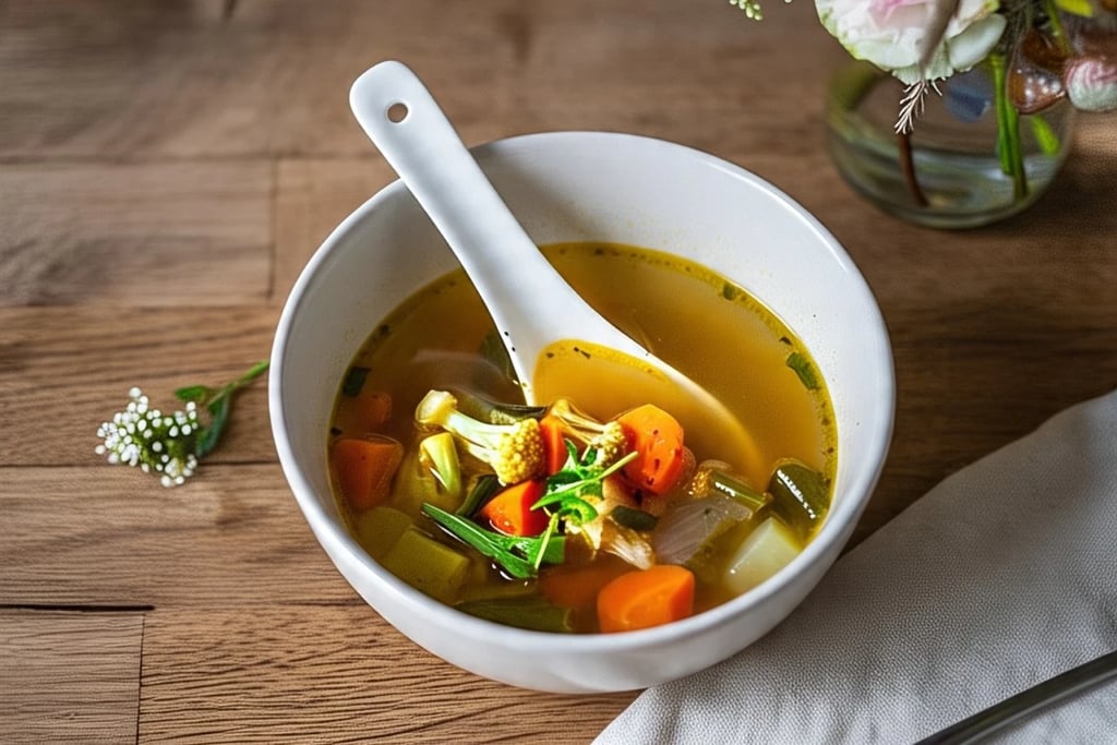 a bowl of broth soup with a spoon and a spoon in it