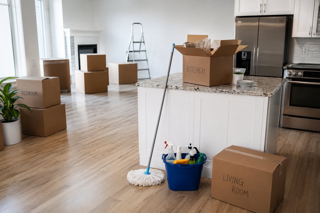 Moving day boxes and cleaning supplies in a bright, modern kitchen and living space.