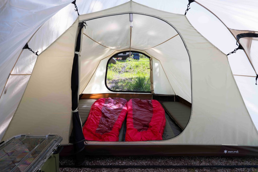 Inside Snow Peak Vault Tent With Red Sleeping Bags