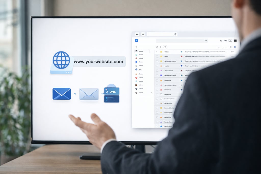 Professional man reviewing website domain and email DNS records on a large monitor.