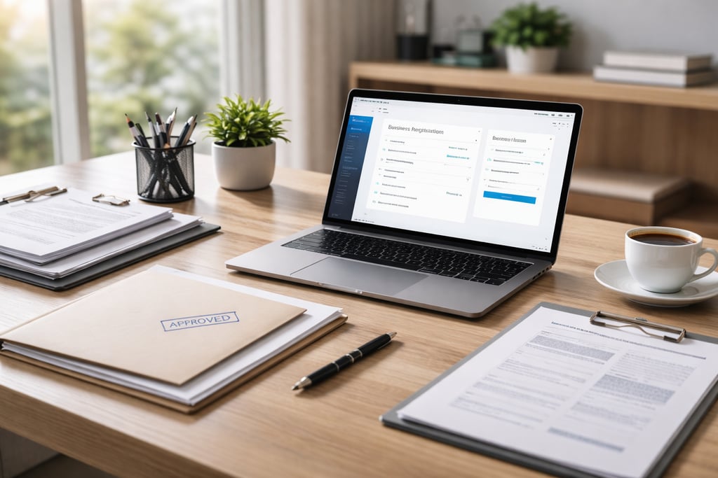 Laptop showing business registration software on a desk with an approved document and coffee.