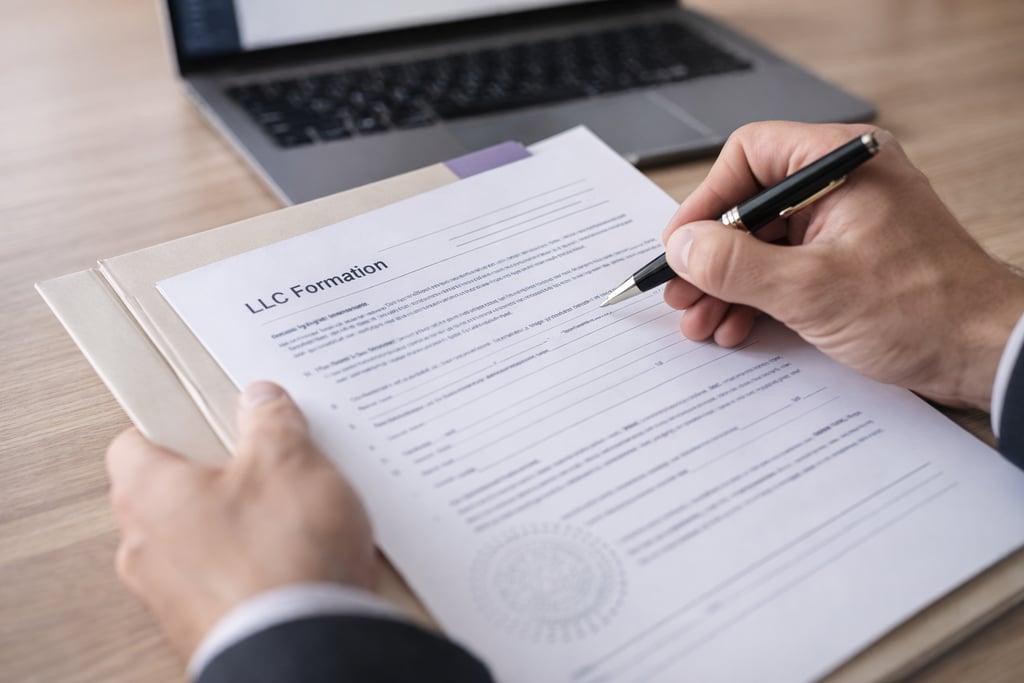 A businessman signs an LLC formation document on a wooden desk with a laptop.