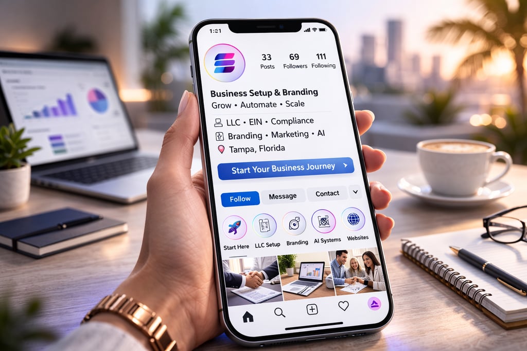 Hand holding a smartphone displaying a social media business profile for branding and LLC setup services.