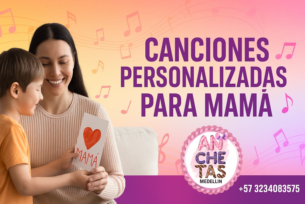 Banner horizontal promocional de Anchetas Medellín para el Día de la Madre. Muestra a un niño entregando una tarjeta con cora