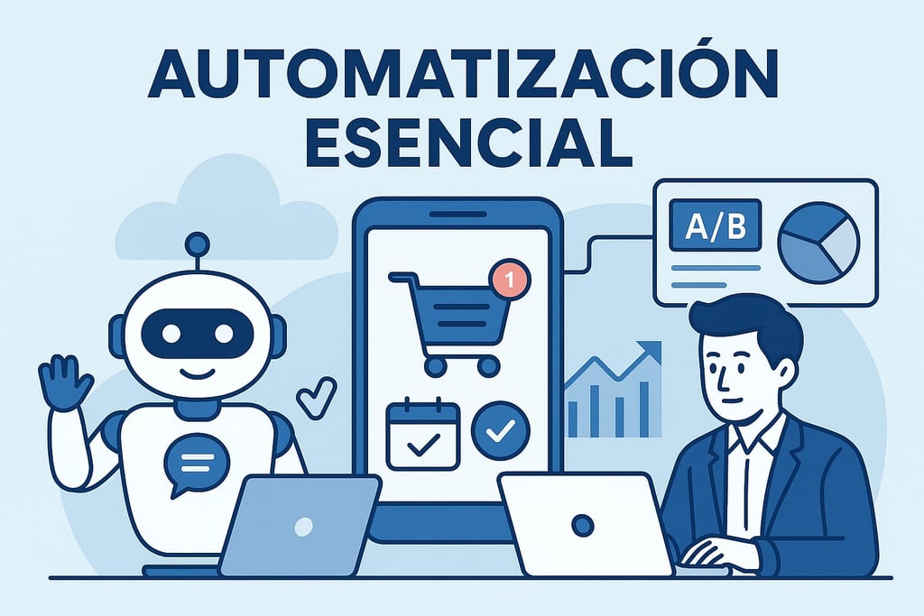 Ilustración de un robot y un profesional usando laptops, con íconos de carrito de compras, calendario y análisis A/B. Represe