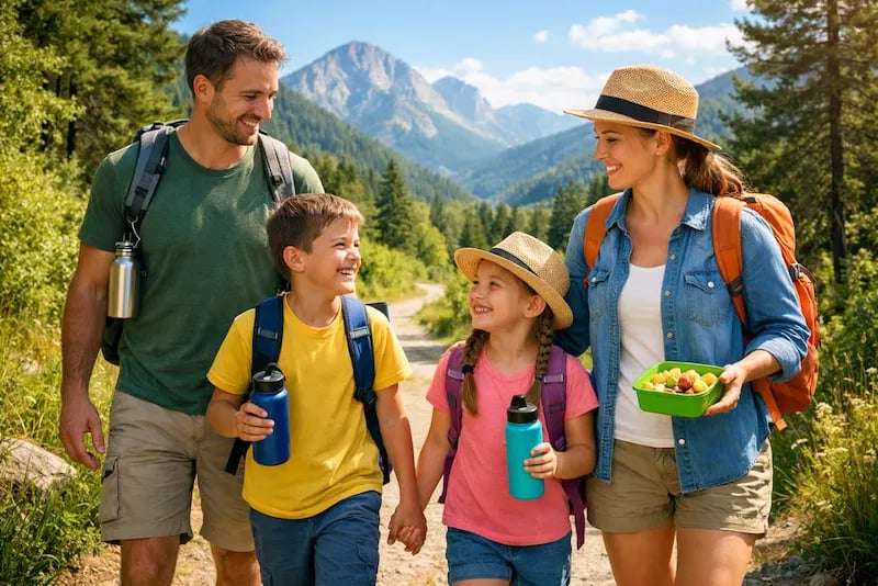 Happy family enjoying eco-friendly travel and hiking in mountains with sustainable gear.