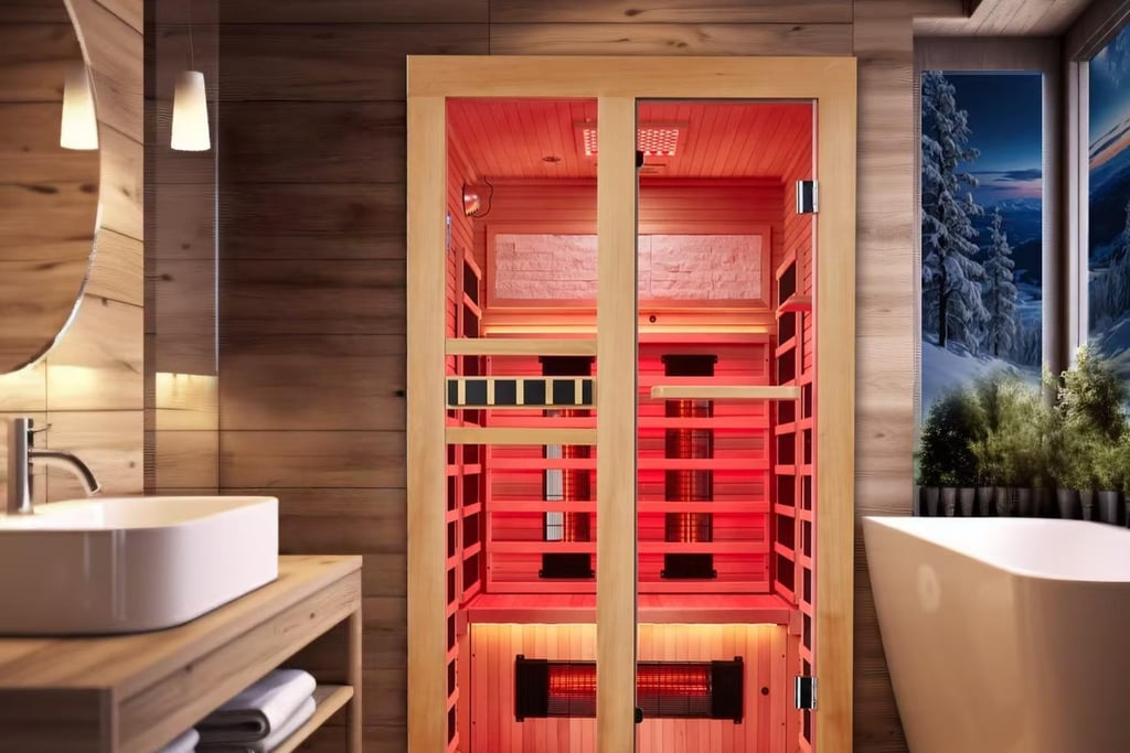 Modern infrared sauna in a home bathroom setup, used for recovery, detox, stress reduction, and impr