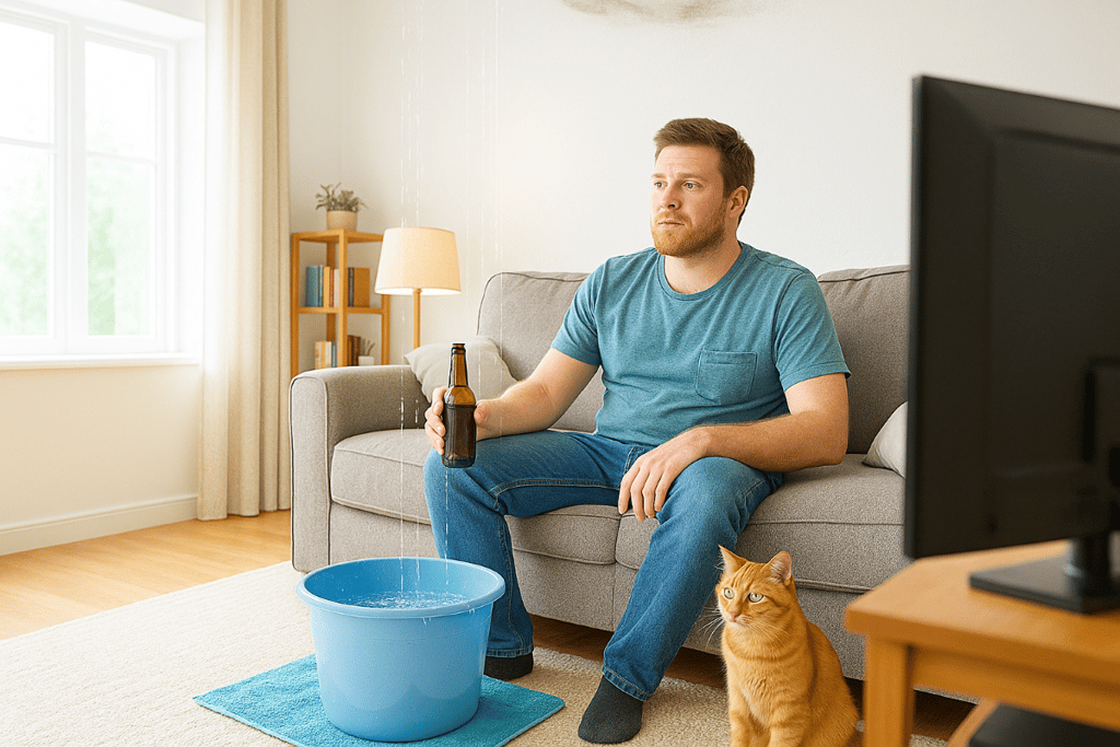 Roof Leak in Peoria Home with guy on couch drinking beer