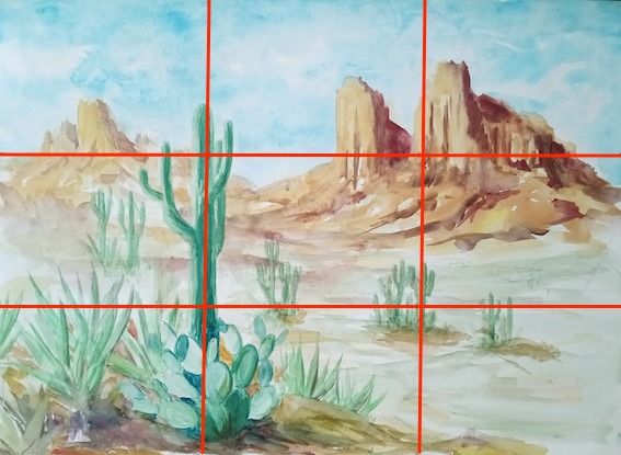 Watercolour painting by Angela Birchall of desert scene with rocky mountains and cacti