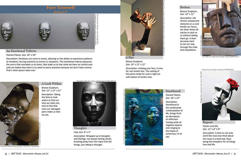 Page 8 and 9 of Art Talk catalog featuring the art collection "Face Yourself."