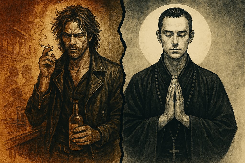A artistic rendition of two opposing characters: One drinking and smoking, one praying/meditating