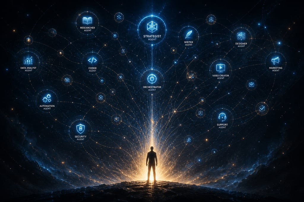 Una persona rodeada de agentes de IA orbitando como un ejército digital personal impulsado por inteligencia artificial.