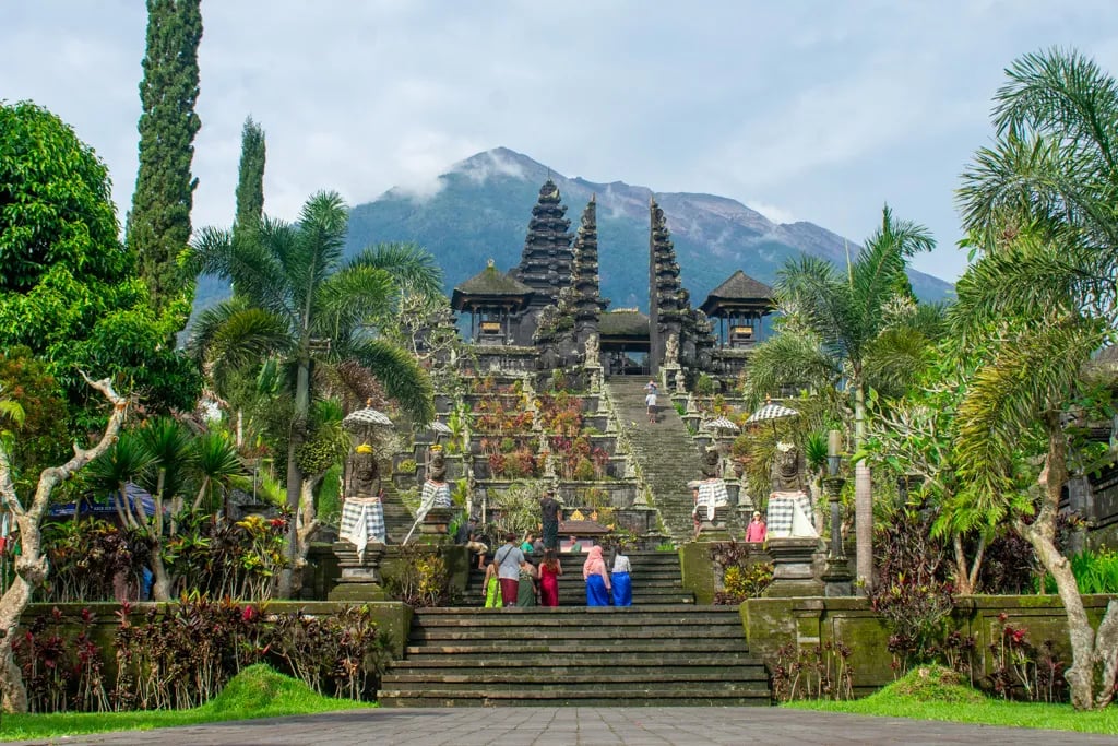 Stone stairways leading up to Besakih Temple complex on the sacred slopes of Mount Agung