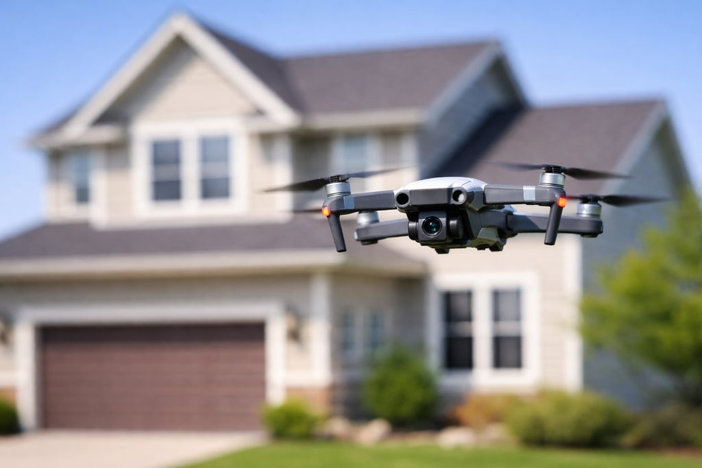 A camera drone flying in front of a suburban house for real estate photography.