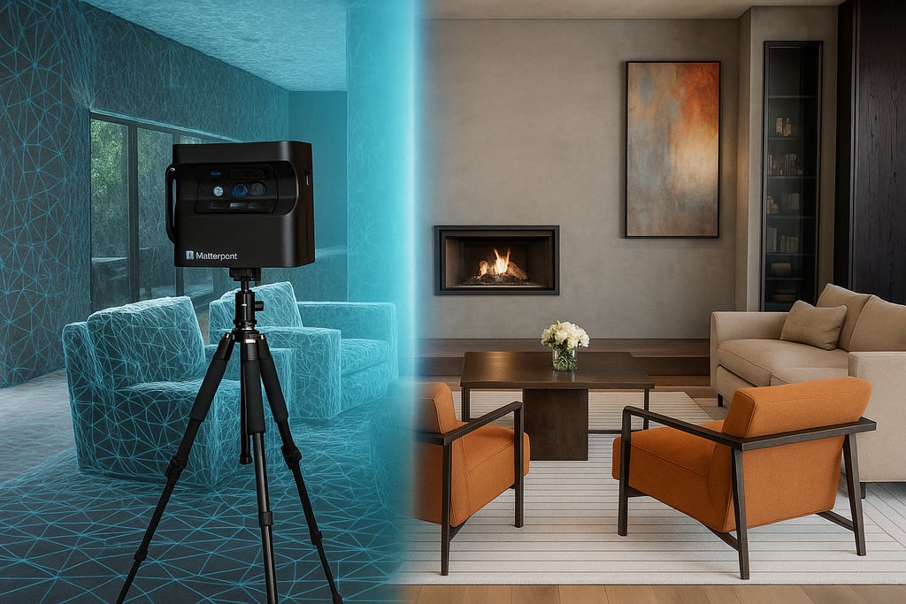 Matterport 3D camera on a tripod performing a digital twin scan of a modern living room interior.