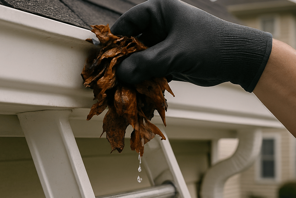 Hand removing leaves and debris from clogged gutter during gutter cleaning in Corsicana TX