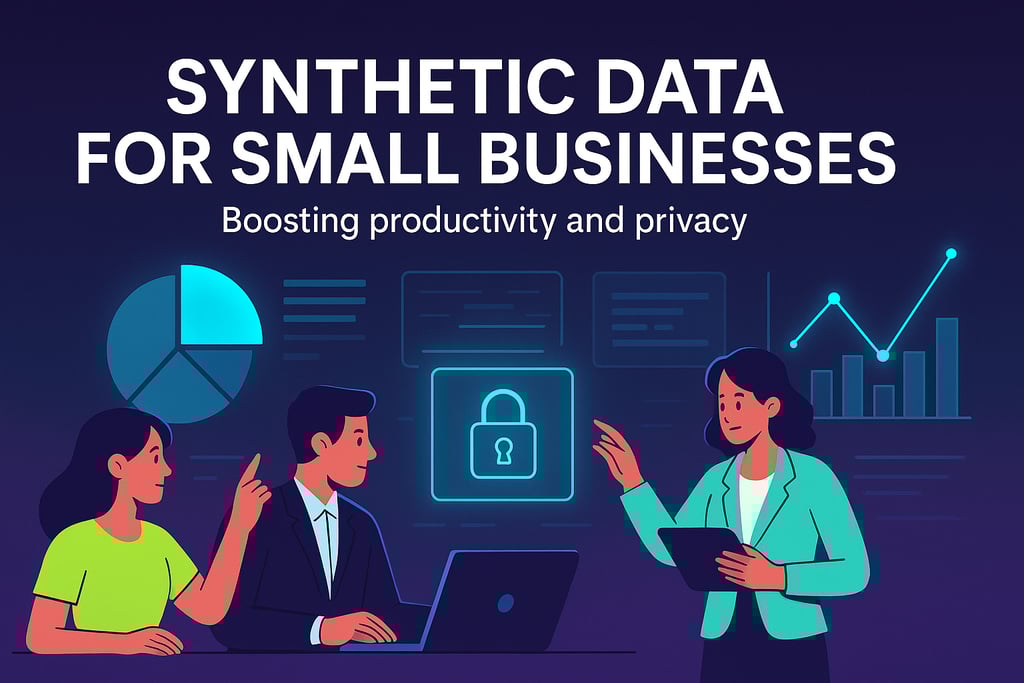 Illustration of three professionals discussing synthetic data in a digital workspace. 