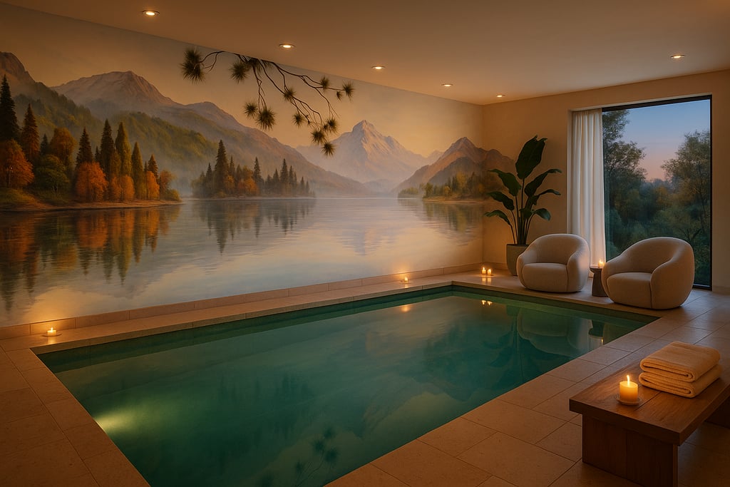 Painted New Zealand lake mural in luxury spa setting during evening hours and romantic candlelight.