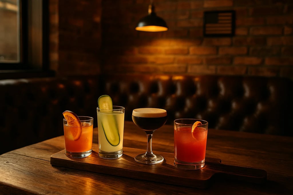 flight of signature cocktails in a dimly lit corner booth