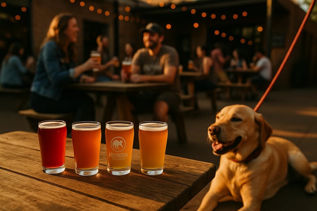 four craft beers on a crowded patio with a puppy on a leash