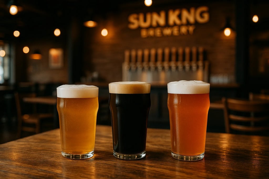 three craft beers on wooden bar top
