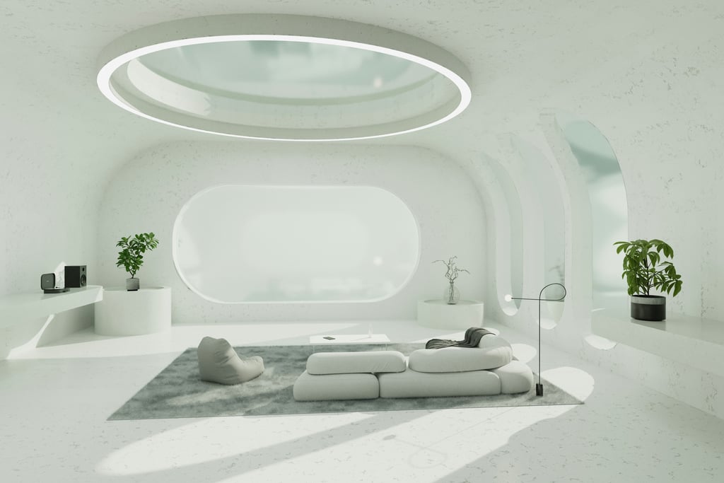 Minimalist white interior design with curved architecture and plush modular sofa.