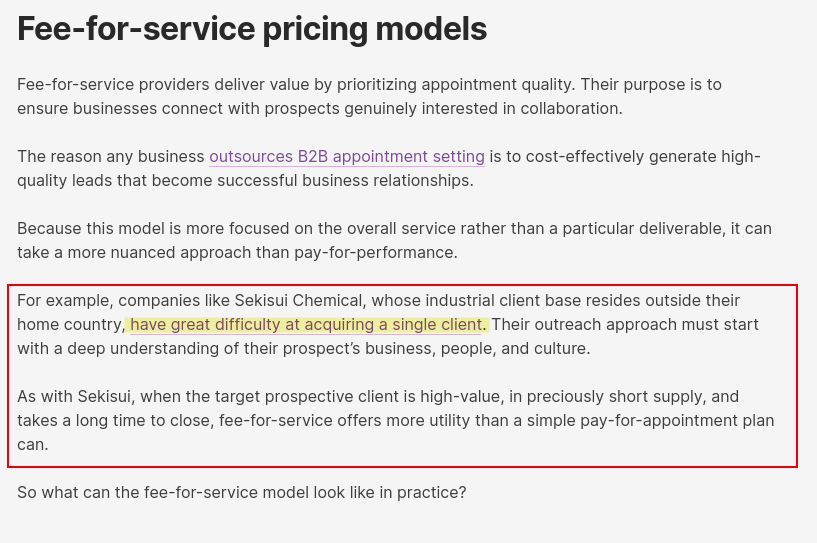 Screenshot of a Belkins case study reference and link in the article, *B2B Appointment Setting Costs