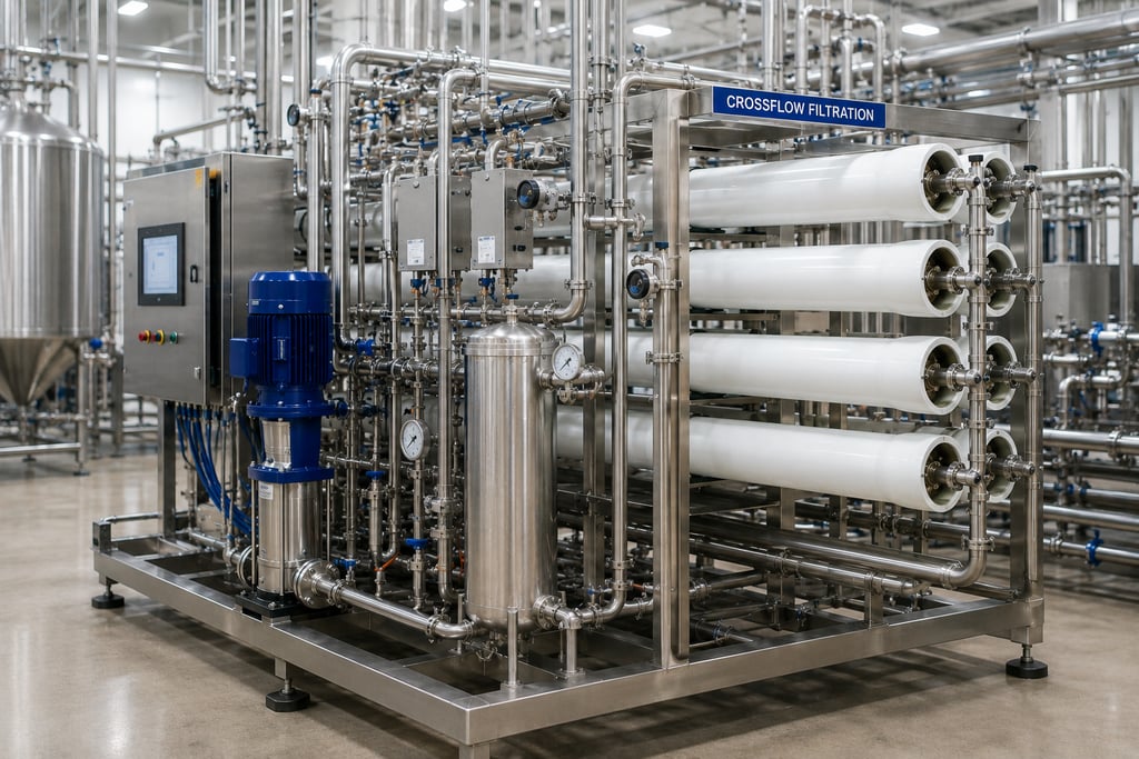 Industrial crossflow filtration system with stainless steel pipes and membrane housings for water treatment.