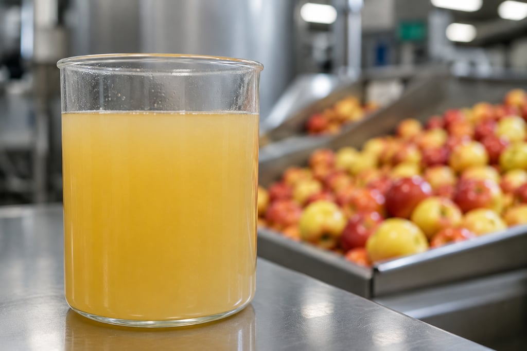Freshly pressed apple juice in a glass at a processing facility with fresh apples in the background.