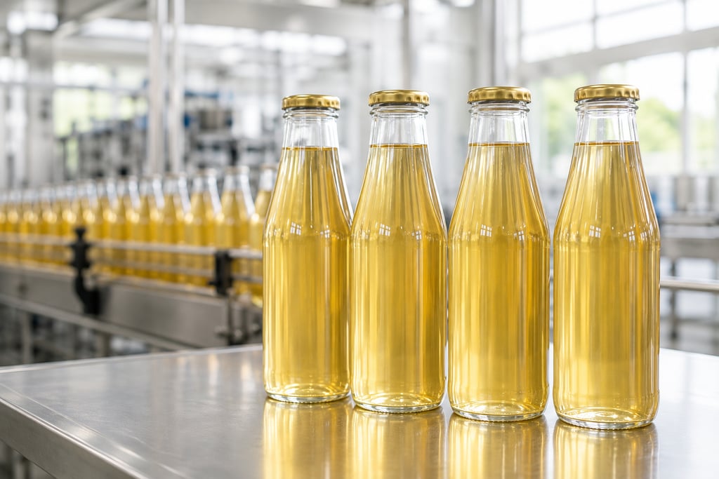 Bottled yellow juice on a manufacturing conveyor belt at a beverage production facility.