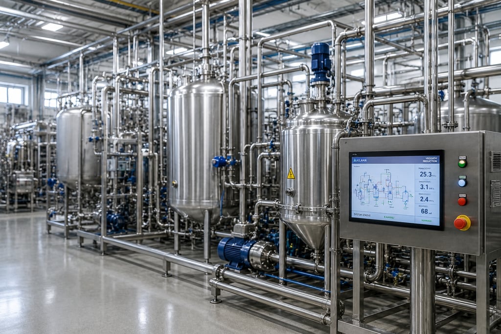 Industrial stainless steel tanks and piping system with a digital control panel monitor in a chemical plant facility.
