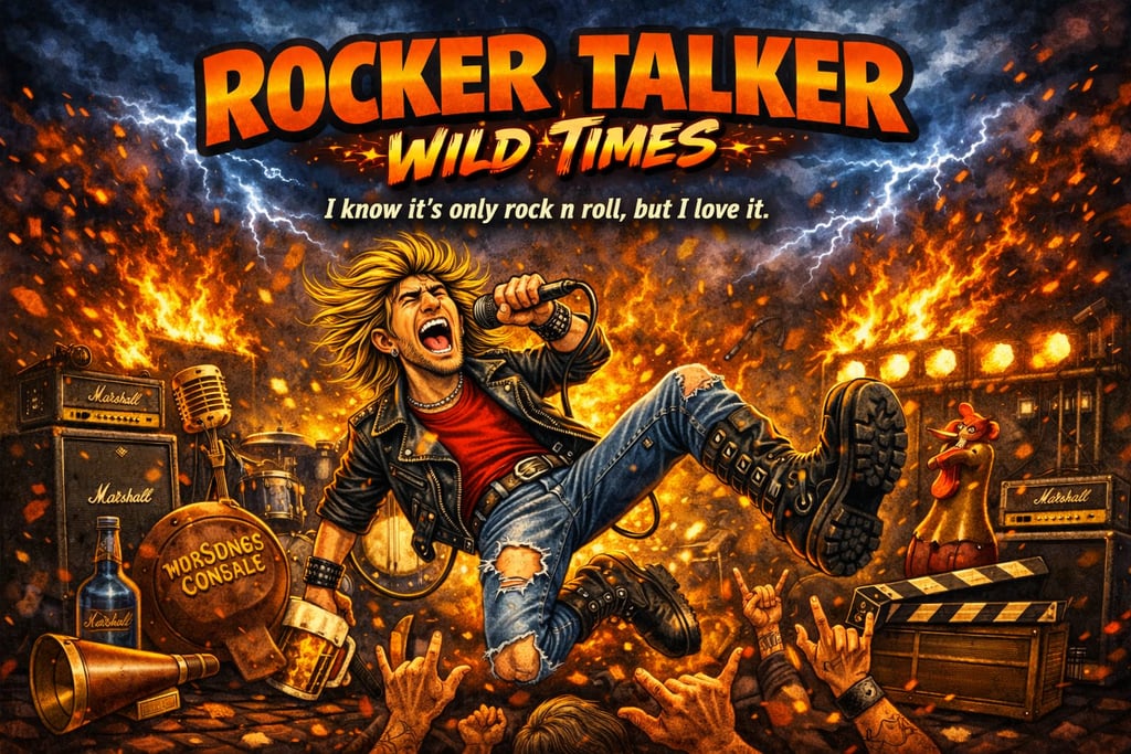 A blonde heavy metal singer performing amidst fire, lightning, and Marshall amplifiers in a Rocker Talker poster.