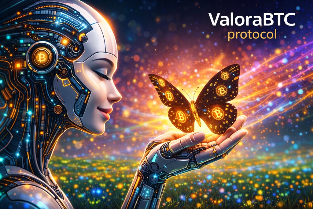 A futuristic female AI robot holding a Bitcoin butterfly for ValoraBTC protocol.