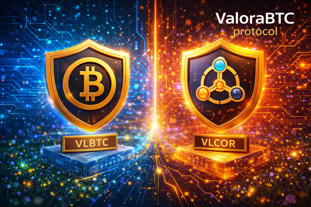 ValoraBTC protocol digital shields for VLBTC and VLCOR cryptocurrency assets on a circuit background.