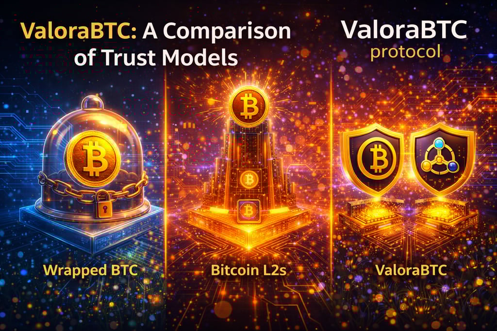 Comparison of ValoraBTC protocol trust models vs Wrapped BTC and Bitcoin L2s illustrated with glowing orange icons.