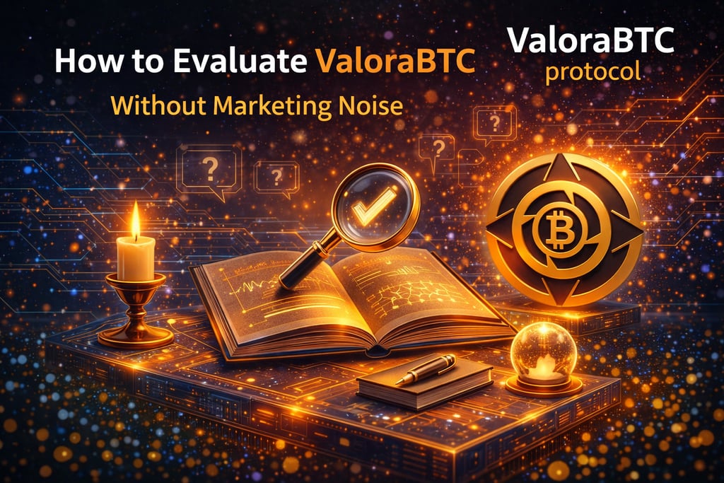 ValoraBTC protocol evaluation guide featuring a digital book, magnifying glass, and Bitcoin branding.