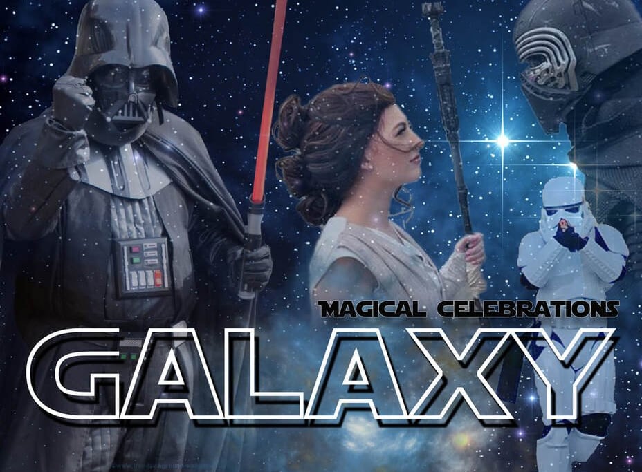 Darth Vader, Rey, and Kylo Ren cosplayers in a Star Wars themed galaxy collage for Magical Celebrations.