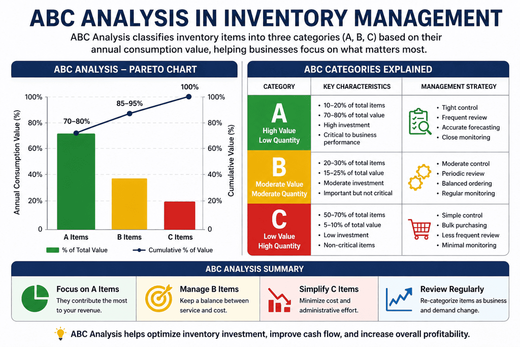 ABC analysis Pareto chart with A B C inventory categories and percentage value distribution